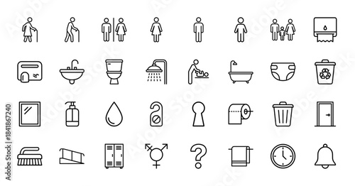 Public facility and restroom line icon set. Vector pictograms of toilet, shower, sink, baby, family, hygiene, soap, disabled and trash, thin outline illustration.