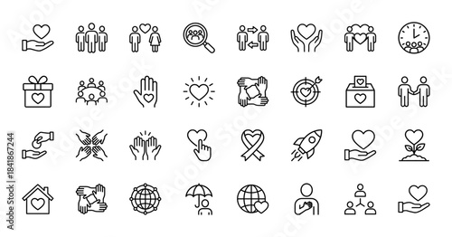 Charity and volunteer line icon set. Vector pictograms of hand with heart, donation box, community, social care, giving money, unity and support, thin outline illustration.