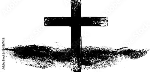 Minimalist black and white cross emblem with stencil brush texture for design projects