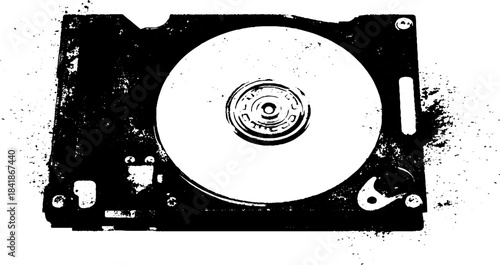 Black and white stencil art of a minimalist hard disk drive illustration