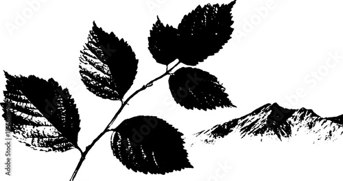 Black and white stencil of minimal leafy branch and mountain scene for urban art design