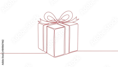 Gift with a Delicate Bow: A simple, continuous line drawing elegantly portrays a wrapped gift adorned with a graceful bow, emphasizing the beauty of simplicity and the anticipation of giving.