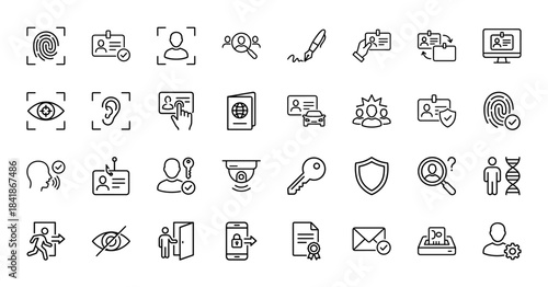 Security and identification line icon set. Vector pictograms of fingerprint, id card, passport, shield, key, face scan and biometrics, thin outline illustration.