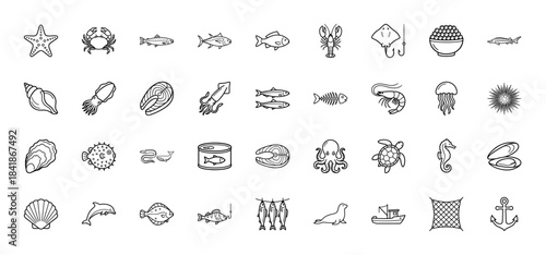 Seafood and marine life line icon set. Vector pictograms of crab, lobster, shrimp, oyster, fish, squid, octopus, turtle, shark and caviar, thin outline illustration.