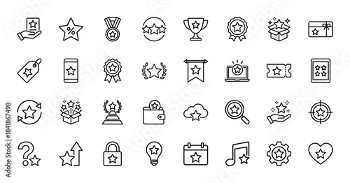 Rewards and ratings line icon set. Vector pictograms of star, trophy, medal, badge, gift, review, discount, premium, achievement, thin outline illustration.