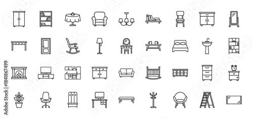Furniture and home interior line icon set. Vector pictograms of sofa, bed, chair, table, wardrobe, lamp, kitchen, cabinet, armchair, and desk, thin outline illustration.