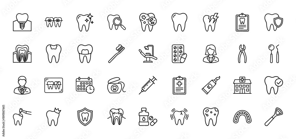 Fototapeta premium Dental line icon set. Vector pictograms of tooth, implant, braces, dentist chair, tools, x-ray, floss, toothpaste, clinic and oral hygiene, thin outline illustration.
