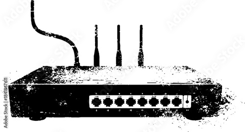 Black and white grunge stencil illustration of a modem box with antennas