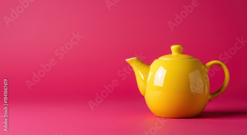 A bright yellow ceramic teapot centered on a vivid, saturated pink backdrop creating a striking, high-contrast artistic composition ,abstract, beverage, design