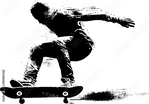 Dynamic skateboarder silhouette in black and white stencil art for urban design