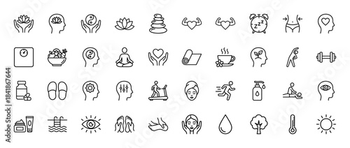Wellness and spa line icon set. Vector pictograms of lotus, meditation, yoga, massage, healthy food, sleep, fitness and mental balance, thin outline illustration.