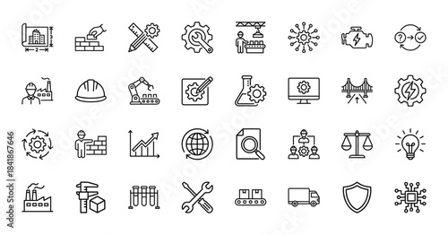 Engineering and industrial line icon set. Vector pictograms of factory, robot, gear, helmet, blueprint, bridge, engine, worker, and tool, thin outline illustration.