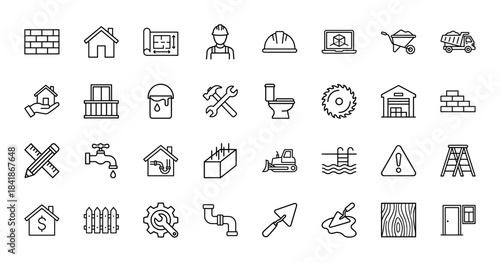 Construction and renovation line icon set. Vector pictograms of worker, helmet, blueprint, truck, tools, plumbing, paint, brick and ladder, thin outline illustration.