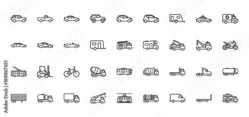 Transportation and vehicle line icon set. Vector pictograms of car, truck, bus, motorcycle, forklift, trailer, ambulance, tanker, and van, thin outline illustration.