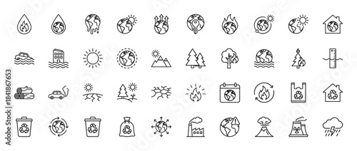 Climate change and disaster line icon set. Vector pictograms of melting earth, flood, drought, wildfire, pollution, recycling, storm, volcano, thin outline illustration.