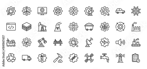 Industry and engineering line icon set. Vector pictograms of rocket, turbine, robot, factory, ship, oil, chip, and gears, thin outline illustration.