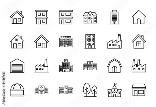 Architecture and building line icon set. Vector pictograms of house, apartment, office, school, factory, hospital, store, warehouse and hotel, thin outline illustration.