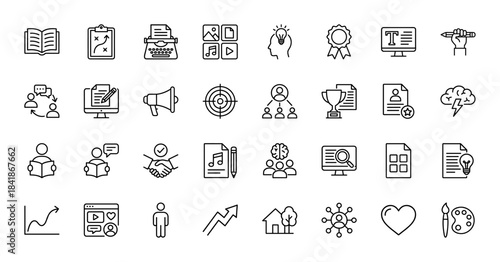 Business strategy and marketing line icon set. Vector pictograms of typewriter, idea, target, handshake, resume, graph and palette, thin outline illustration.