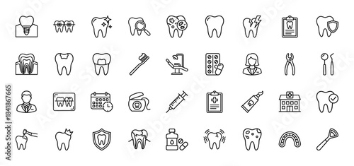 Dental line icon set. Vector pictograms of tooth, implant, braces, dentist chair, tools, x-ray, floss, toothpaste, clinic and oral hygiene, thin outline illustration.