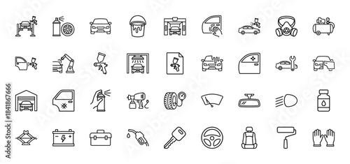 Car painting and detailing line icon set. Vector pictograms of spray gun, air compressor, mask, auto body repair tools, thin outline illustration.