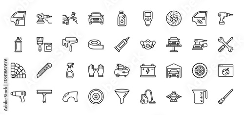 Car painting and auto detailing line icon set. Vector pictograms of spray gun, polisher, masking tape, compressor, lift, mask and repair tools, thin outline illustration.