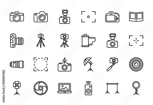 Photography line icon set. Vector pictograms of camera, lens, tripod, flash, film, studio lighting, aperture, softbox and photo frame, thin outline illustration.
