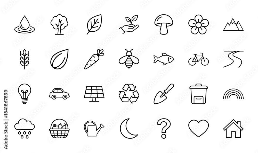Fototapeta premium Nature and ecology line icon set. Vector pictograms of water, tree, leaf, plant, recycle, bee, bicycle, house, rain, heart, thin outline illustration.