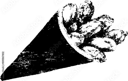 Black and white stencil art of paper cone with pistachios for urban decor