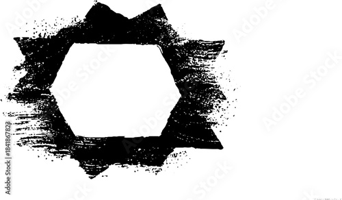 Black and white grunge stencil illustration of a pentagonal frame for urban art design