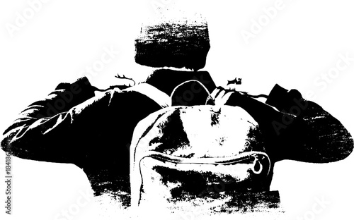 Black and white stencil illustration of person adjusting backpack for urban art design