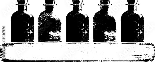 Black and white stencil illustration of perfume bottles with grunge effects for artistic design
