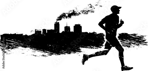 Monochrome stencil art of a jogger against urban skyline silhouette for fitness motivation