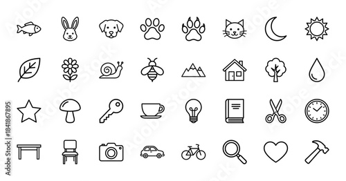 Miscellaneous line icon set. Vector pictograms of dog, cat, moon, sun, flower, house, tree, cup, bulb, book, car and heart, thin outline illustration.