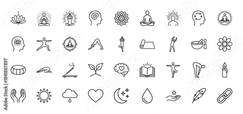 Yoga and meditation line icon set. Vector pictograms of lotus, asana, mandala, mindfulness, mat, candle, singing bowl and wellness, thin outline illustration.
