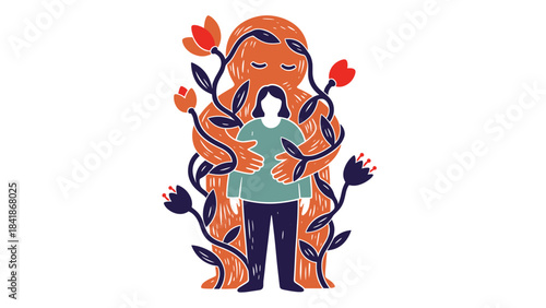 The concept of Tulpa imaginary companion support and inner self embrace, a mental well-being graphic depicting a comforting inner friend for emotional support, personal growth,