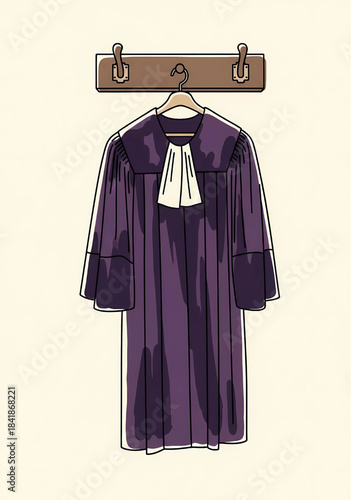 Purple judicial or barrister robe with a white bib, hanging on a wooden coat rack with brass hooks. Legal and justice system concept illustration.