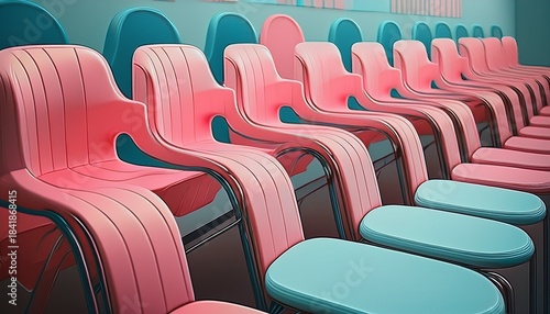 row of pink and blue chairs are arranged in a room the chairs are all different colors with some being pink