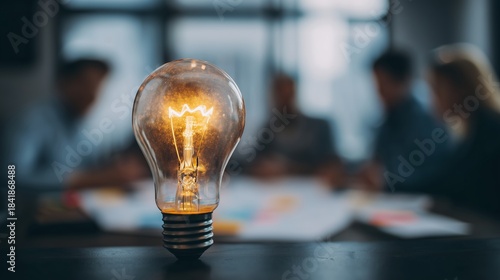 Light bulb teamwork brainstorming innovation creativity business meeting idea planning office concept collaboration glowing inspiration group