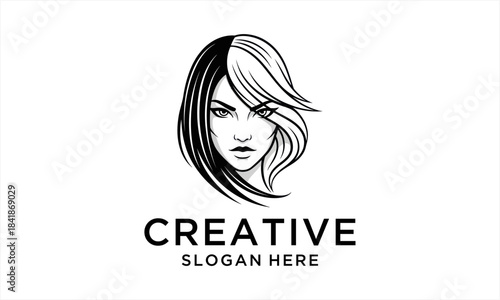 Elegant Womans Face with Striking Hairstyle Logo Design.