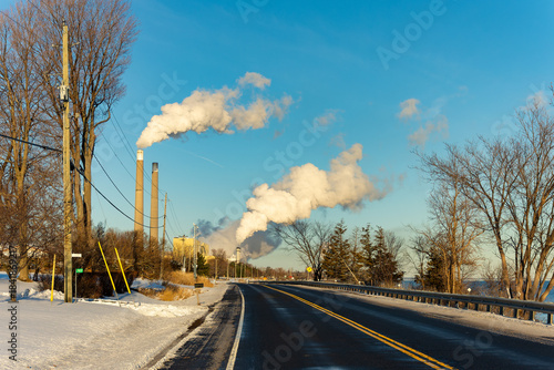 view of the smoke stacks from the road 