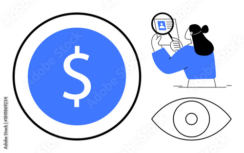 Financial security. Financial security ed by a dollar symbol, identity verification process, and surveillance eye icon. Financial security for banking, fintech, cybersecurity, identity protection