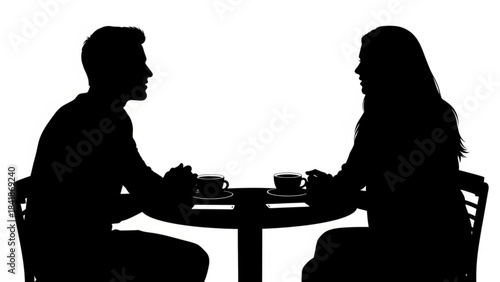 Silhouette Coffee Talk: A pair engages in an intimate conversation, silhouetted against a bright backdrop, with coffee cups present, conveying the intimacy of the moment
