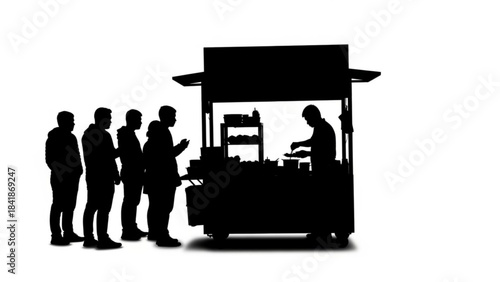 Street Food Silhouette: A bustling food stall comes to life as a vendor prepares delicious food while a line of eager customers patiently wait for their meals. 