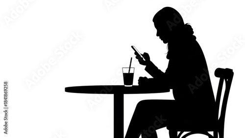 Modern Pause: Silhouette of an individual engrossed with a smartphone at a cafe, a moment of tranquil reflection in the cityscape.