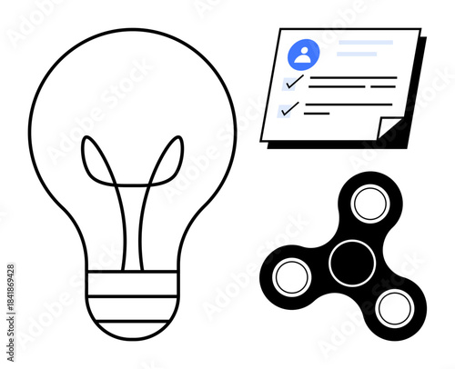 Lightbulb symbolizing ideas, checklist for task management, and fidget spinner for focus. Ideal for productivity, innovation, focus, development, planning creativity mental clarity. Simple flat