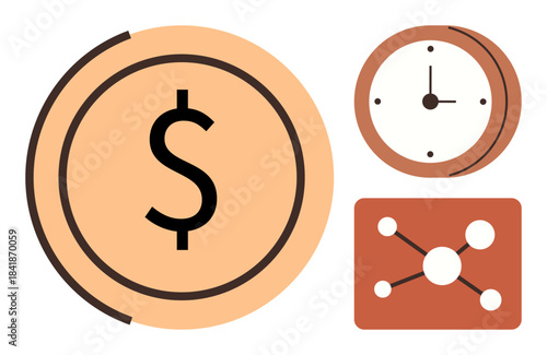 Large dollar sign coin, analog clock, and network diagram symbolize finance, timing, and connectivity. Ideal for business, economy, strategy investment scheduling teamwork fintech. Simple flat