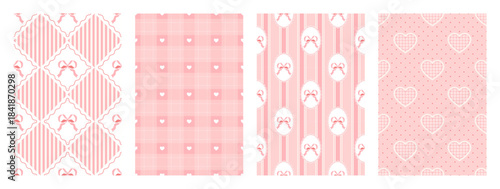 Cute pink coquette seamless pattern set. Girly wrapping paper for birthday, Valentine and holidays. Texture with heart, bow and ribbon elements. Checkered and striped backgrounds. Vector illustration
