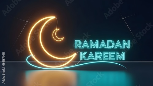 A modern neon light design celebrating ramadan kareem with crescent moon symbols