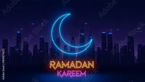 A neon crescent moon and ramadan kareem greeting illuminate a futuristic cityscape