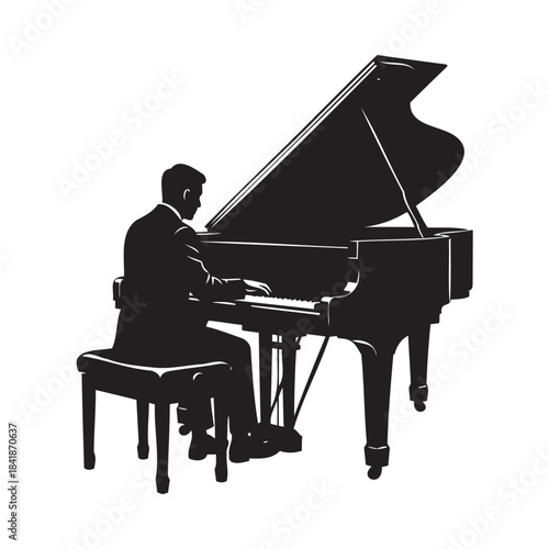 Pianist playing grand piano silhouette on black background